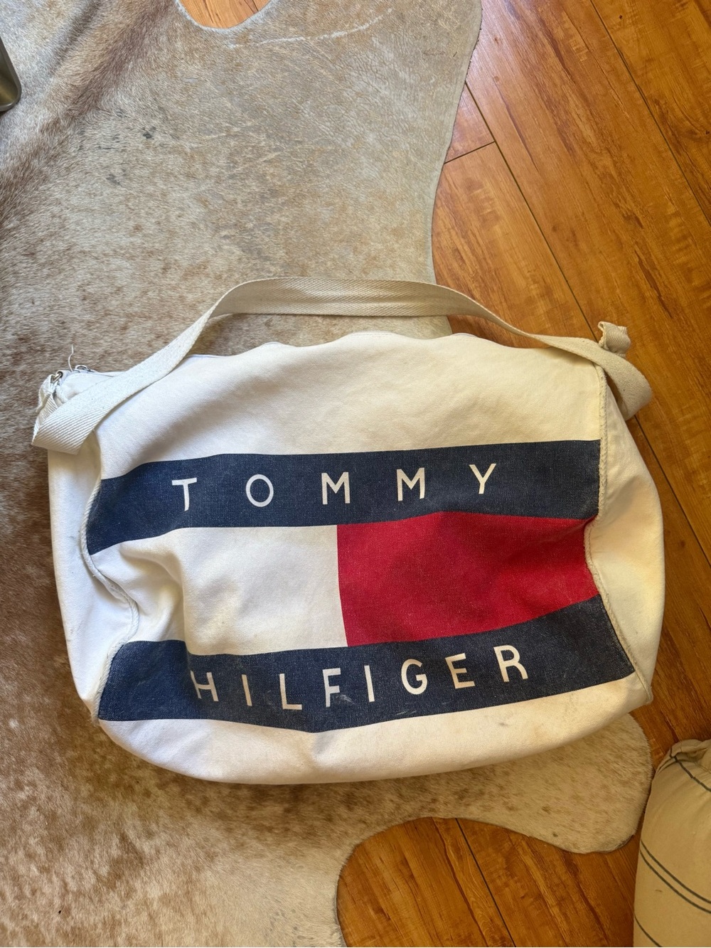 Tommy Hilfiger White Canvas Messenger Bag with Red & Navy Accent